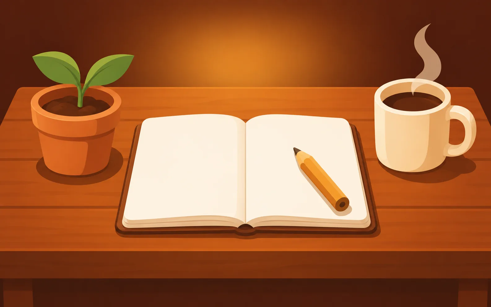 Schreibtisch mit offenem Notizbuch, Stift, Tasse und einem Topf mit Trieb