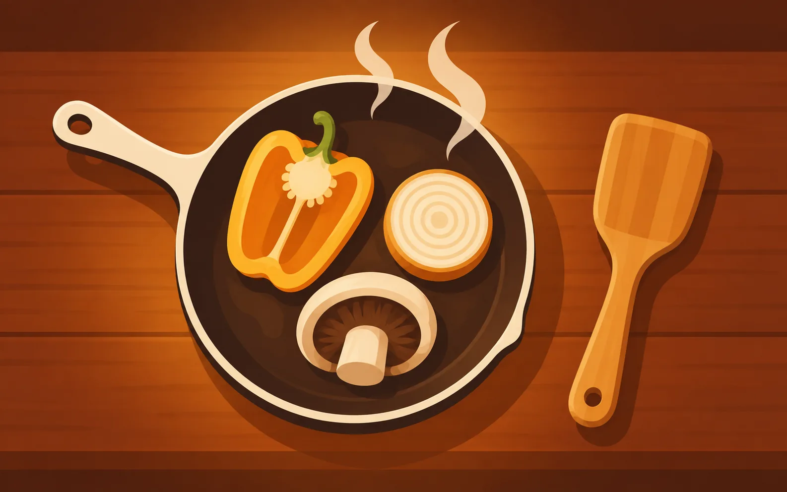 Pfanne von oben mit Paprika, Zwiebel und Pilz, daneben ein Holzwender